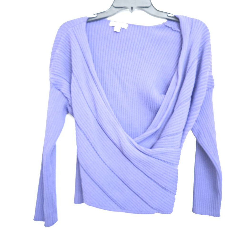 Eva Mendes Sexy V Neck purple ribbed cropped wrap sweater top XL - Picture 3 of 6
